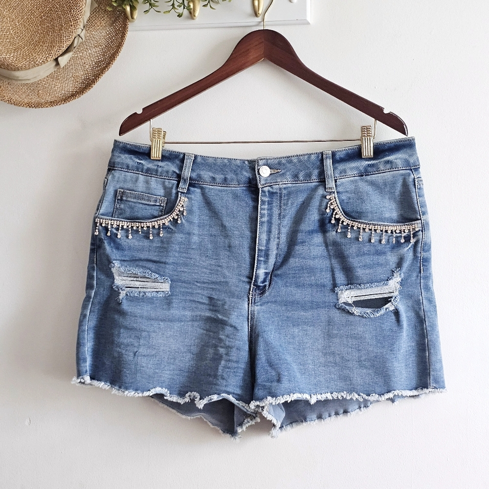 Refuge Denim Rhinestone Fringe Distressed Jean Shorts Size 13 Y2K Glam